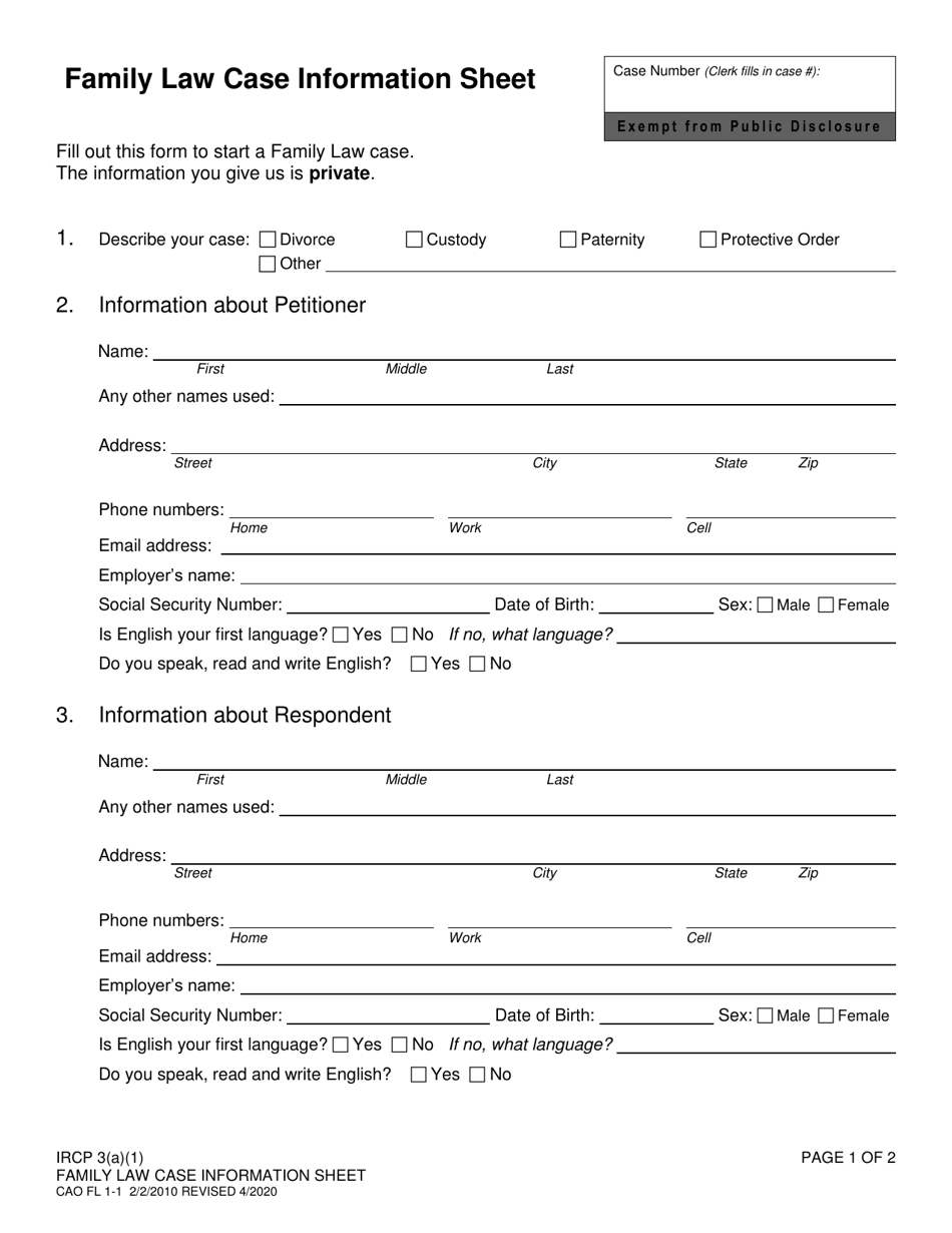 Form CAO FL1-1 Family Law Case Information Sheet - Idaho, Page 1