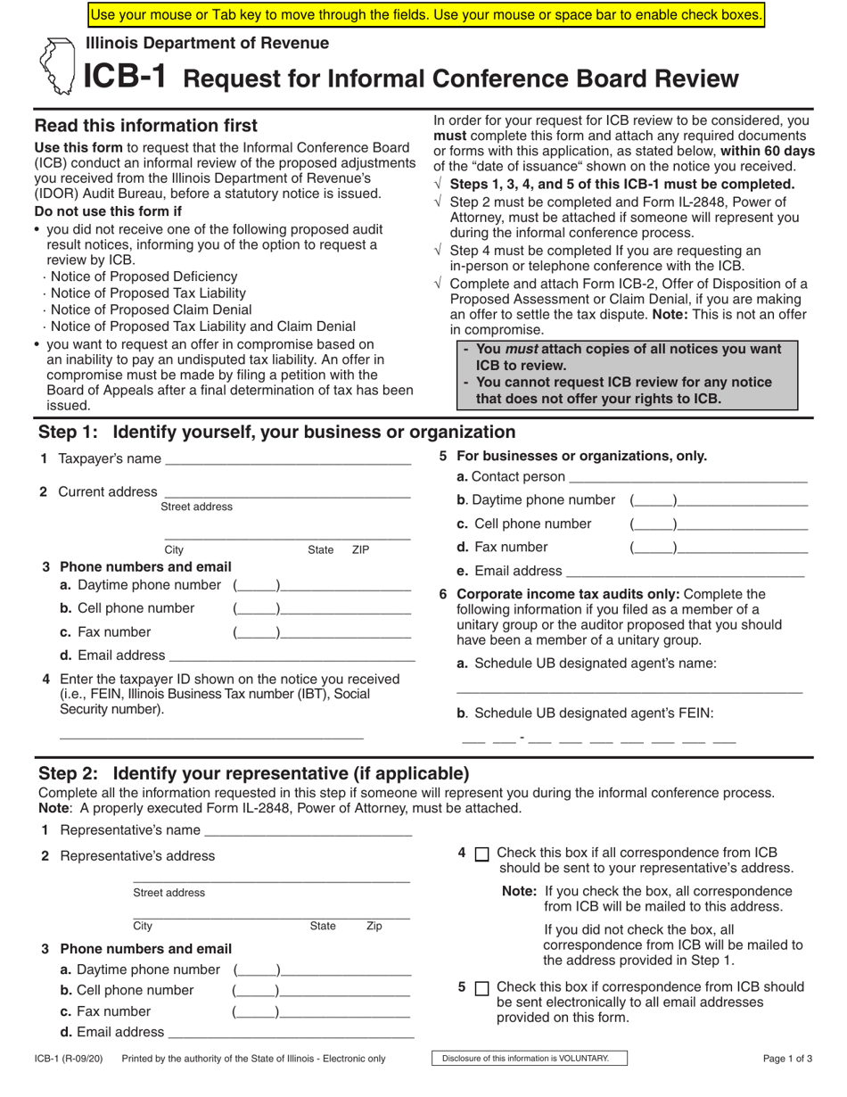 Form ICB-1 Request for Informal Conference Board Review - Illinois, Page 1