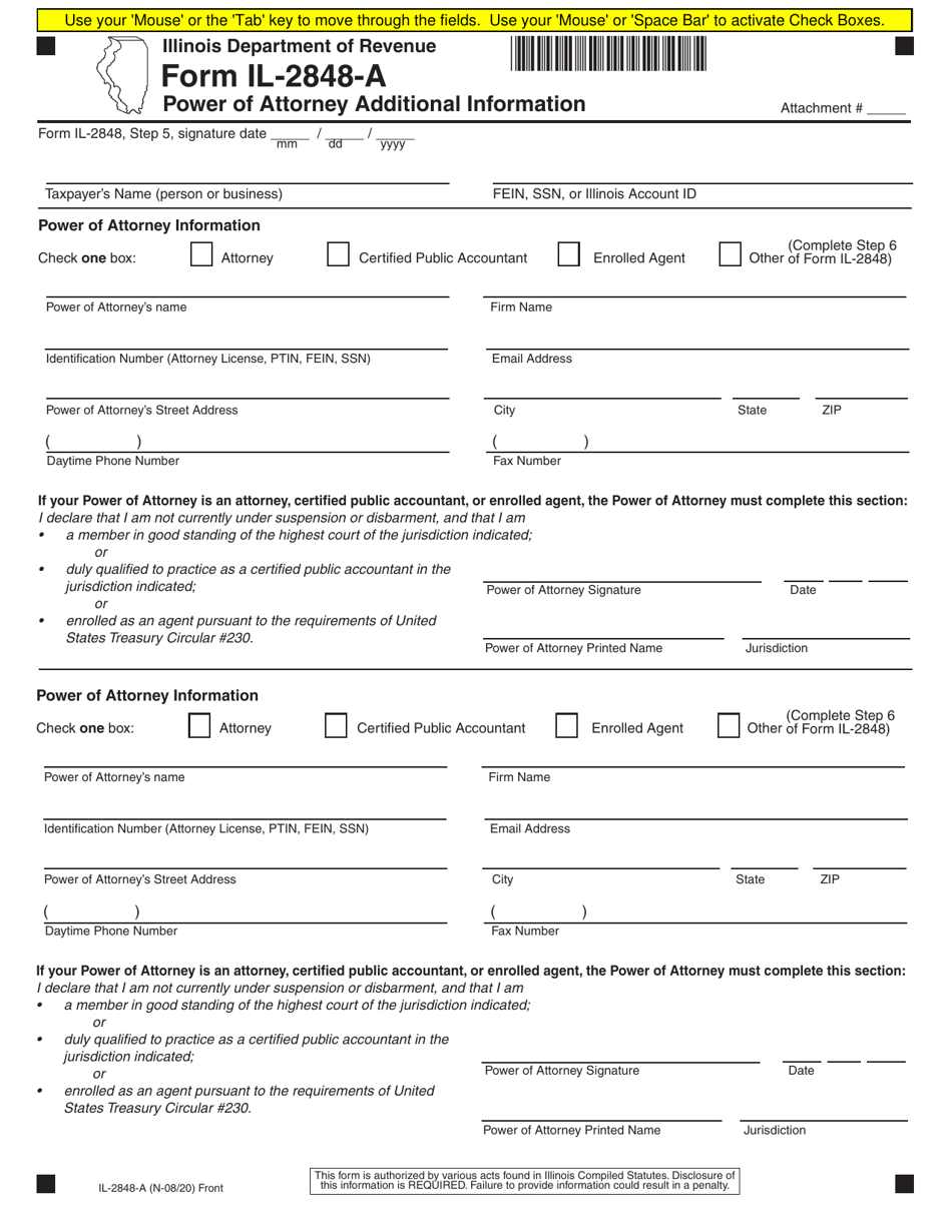 Form IL-2848-A Power of Attorney Additional Information - Illinois, Page 1