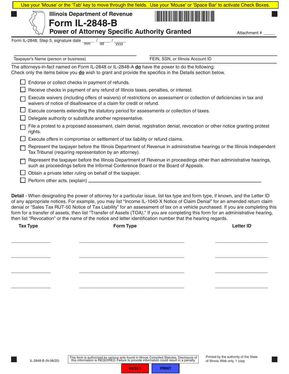 Form IL-2848-B Power of Attorney Specific Authority Granted - Illinois, Page 1