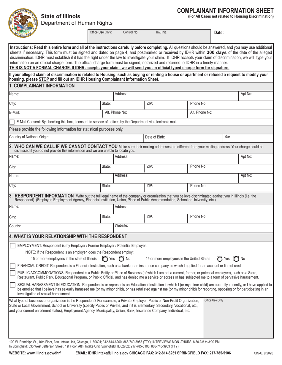 Form CIS-U Complainant Information Sheet (For All Cases Not Related to Housing Discrimination) - Illinois, Page 1