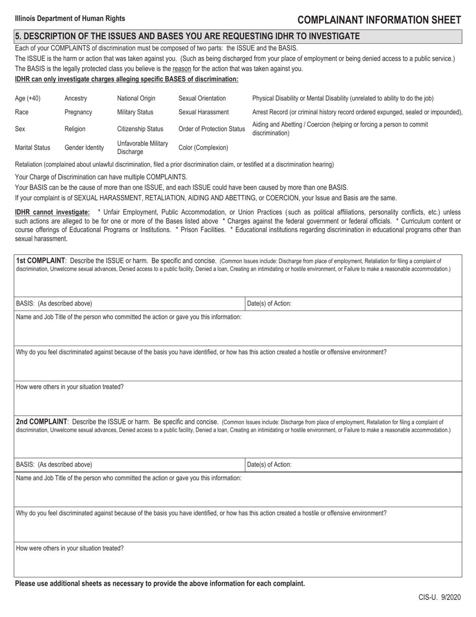 Form CIS-U Complainant Information Sheet (For All Cases Not Related to Housing Discrimination) - Illinois, Page 2