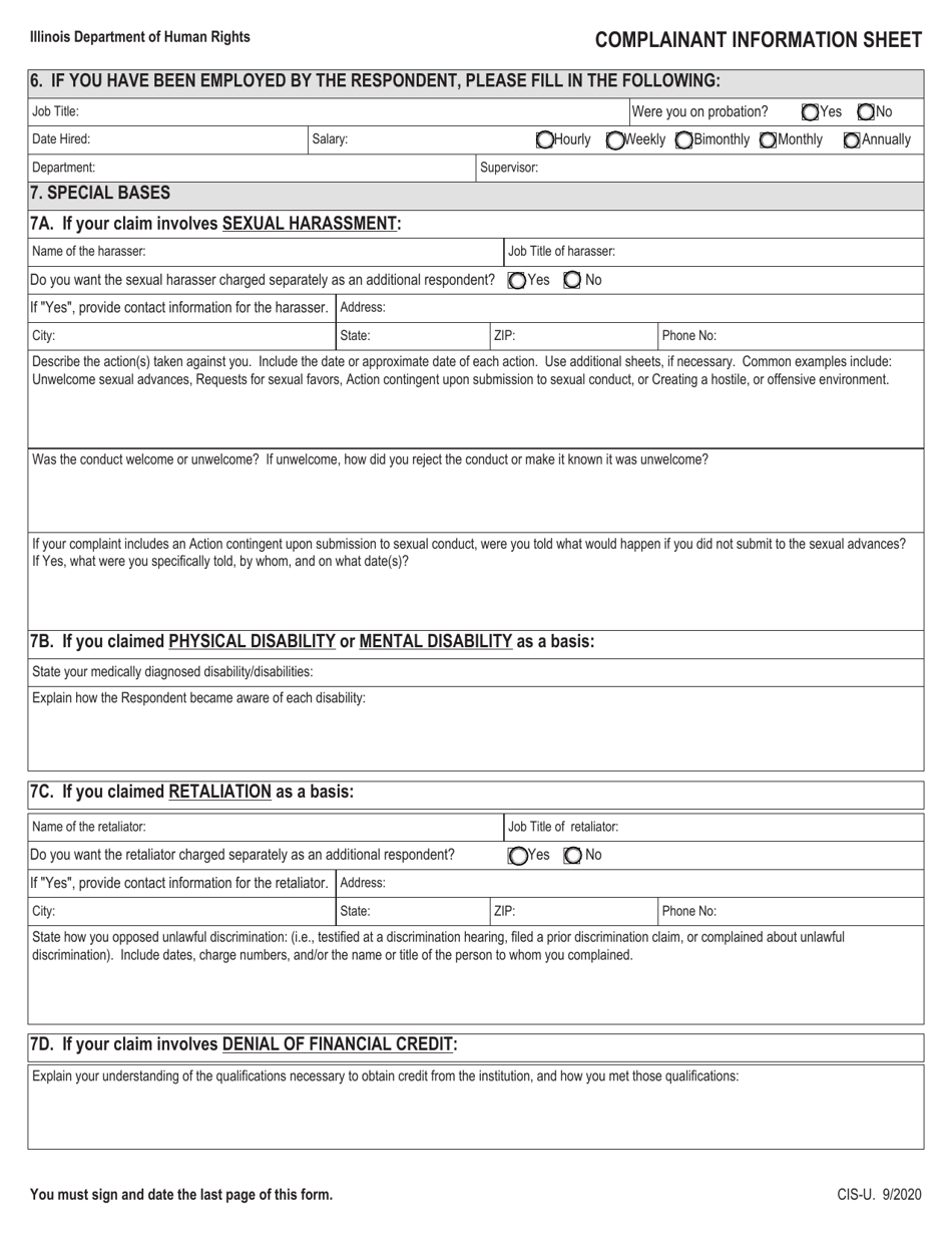 Form CIS-U Complainant Information Sheet (For All Cases Not Related to Housing Discrimination) - Illinois, Page 3
