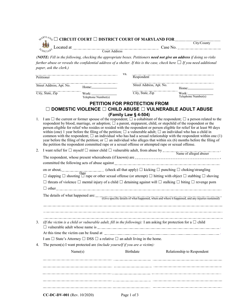 Form CC-DC-DV-001 Petition for Protection From Domestic Violence / Child Abuse / Vulnerable Adult Abuse - Maryland, Page 1