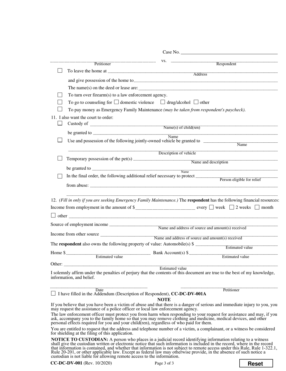 Form CC-DC-DV-001 Petition for Protection From Domestic Violence / Child Abuse / Vulnerable Adult Abuse - Maryland, Page 3