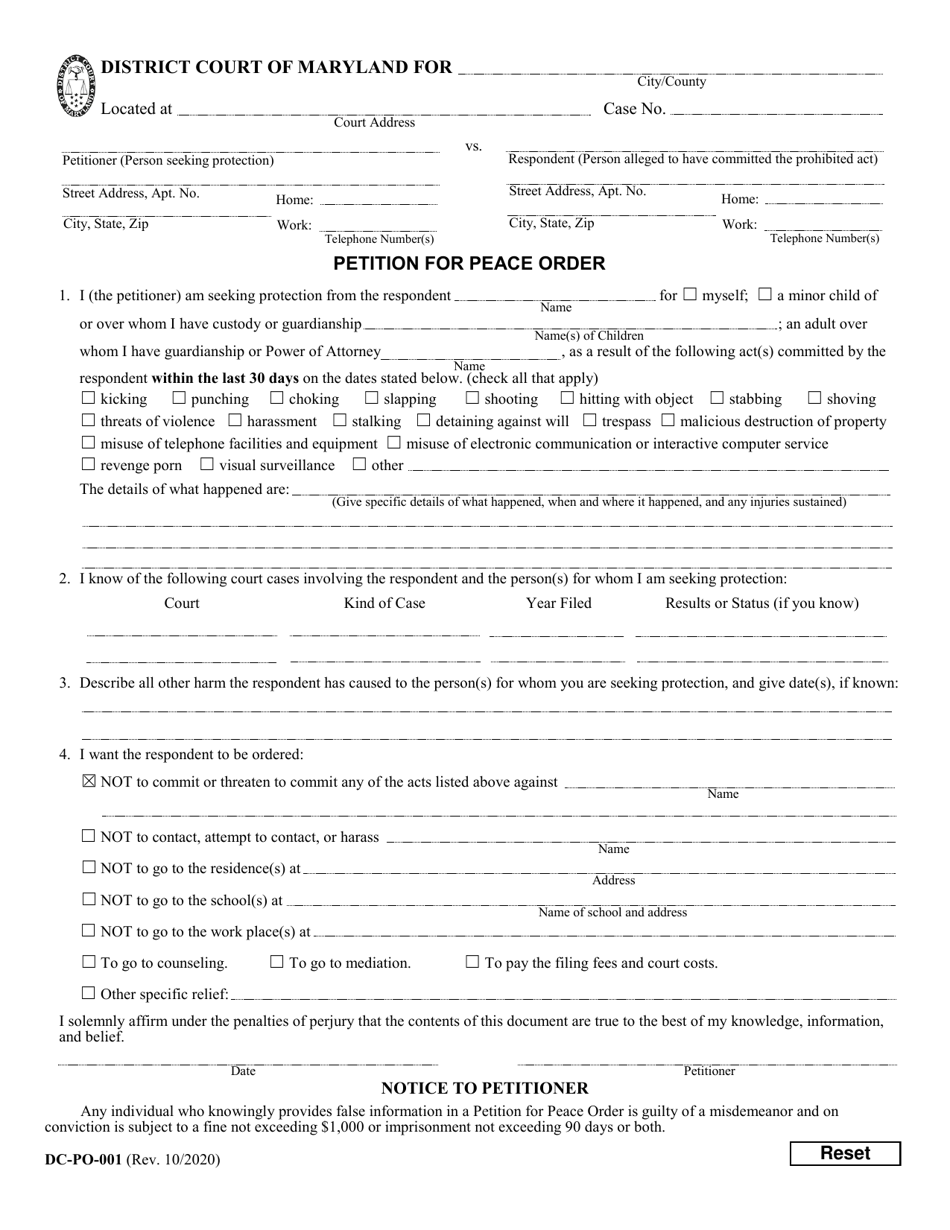 Form DC-PO-001 Petition for Peace Order - Maryland, Page 1