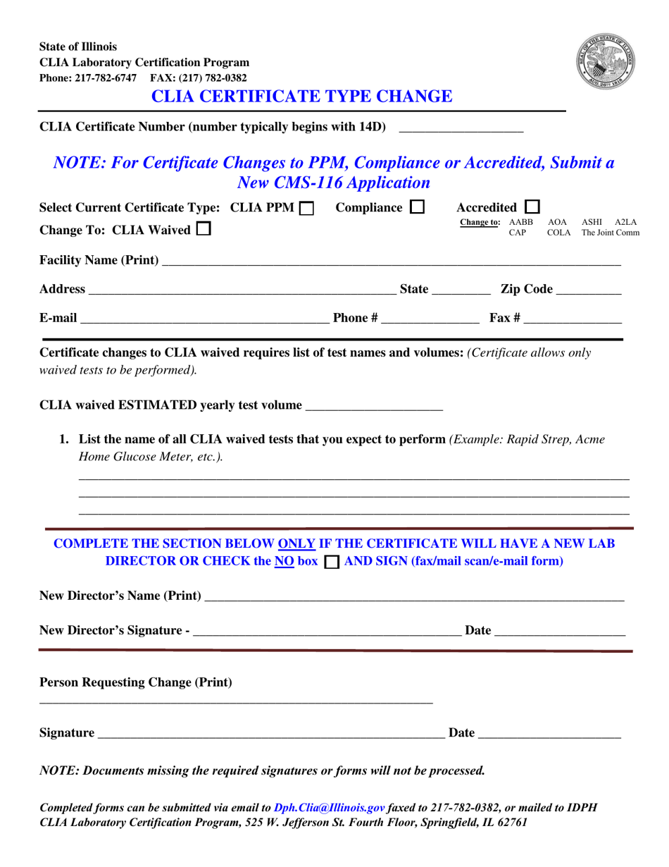 Illinois Clia Certificate Type Change Download Fillable PDF
