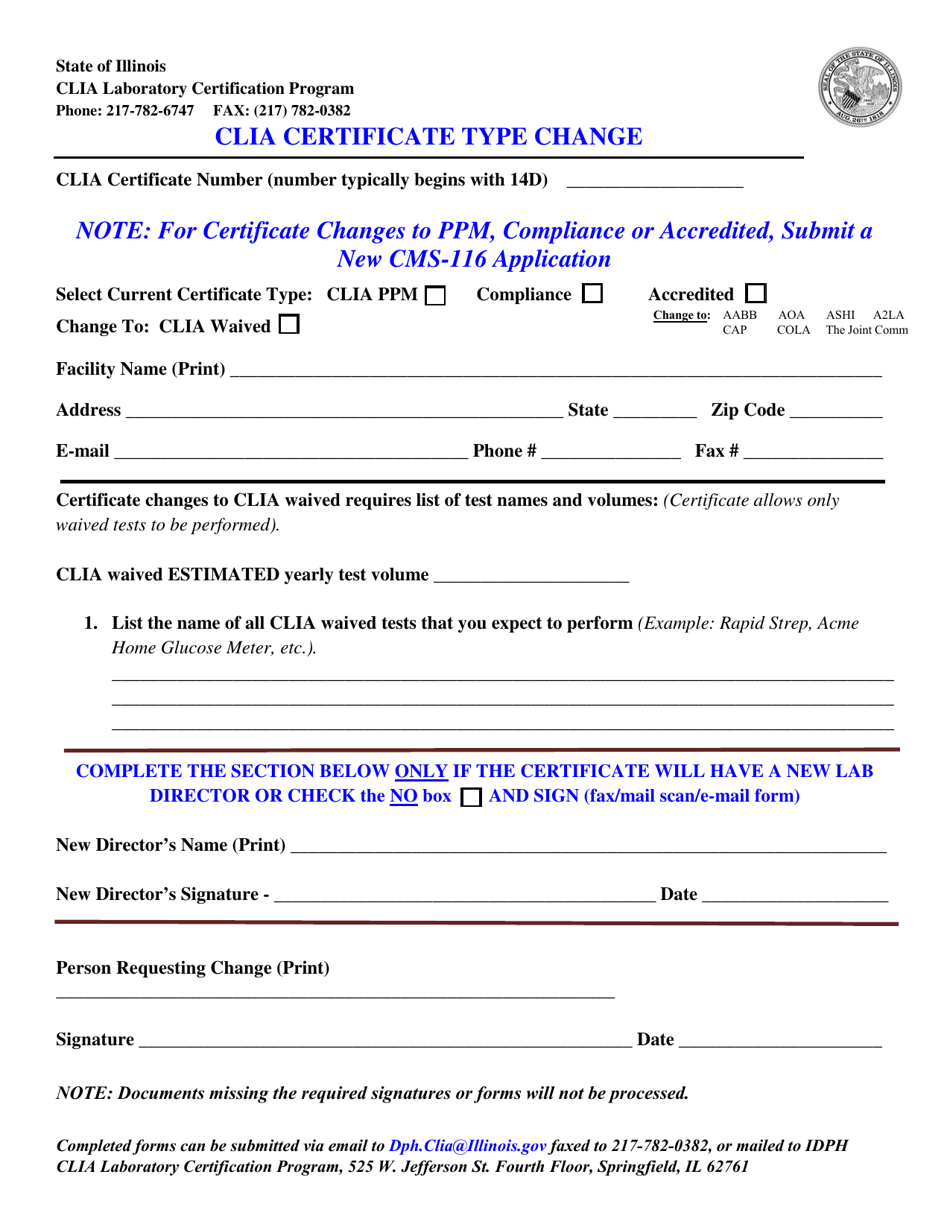 Clia Certificate Type Change - Illinois, Page 1