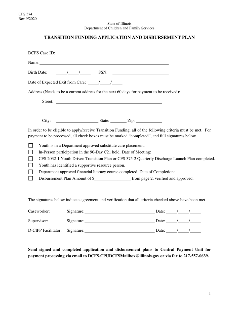 Form CFS374 Transition Funding Application and Disbursement Plan - Illinois, Page 1