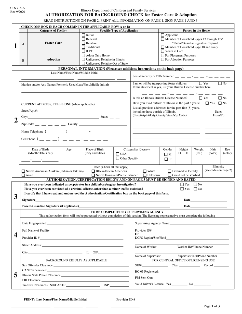 Form CFS718-A Authorization for Background Check for Foster Care  Adoption - Illinois, Page 1