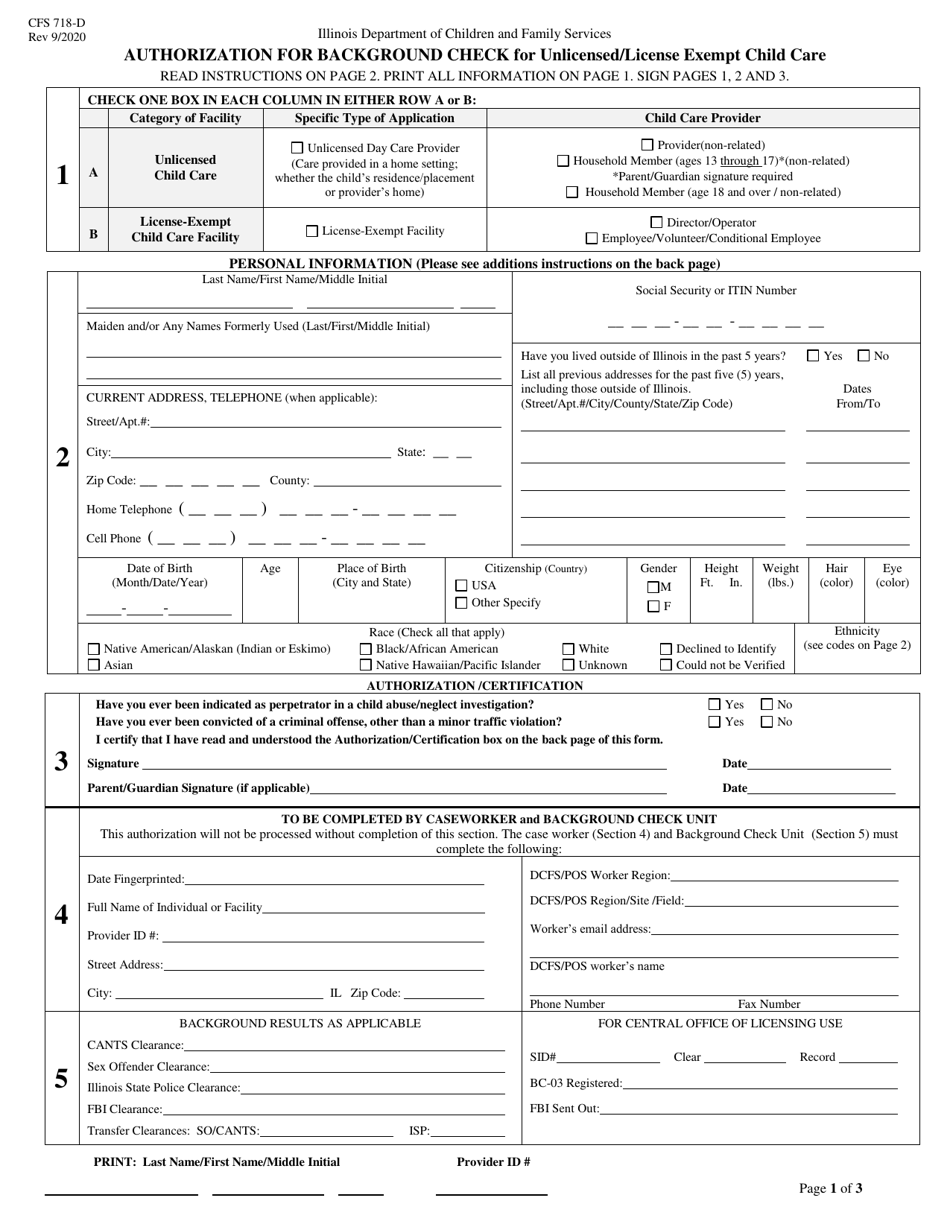 Form CFS718-D Authorization for Background Check for Unlicensed / License Exempt Child Care - Illinois, Page 1