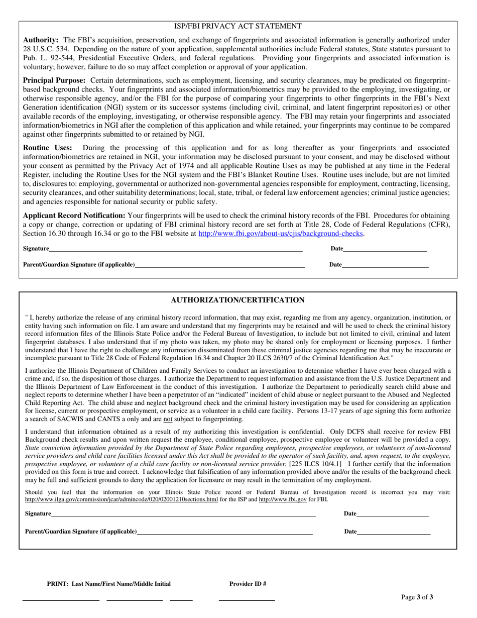 Form CFS718-D Authorization for Background Check for Unlicensed / License Exempt Child Care - Illinois, Page 3