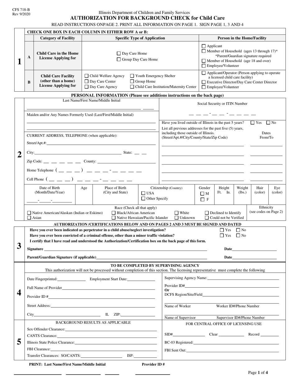 Form CFS718-B Authorization for Background Check for Child Care - Illinois, Page 1