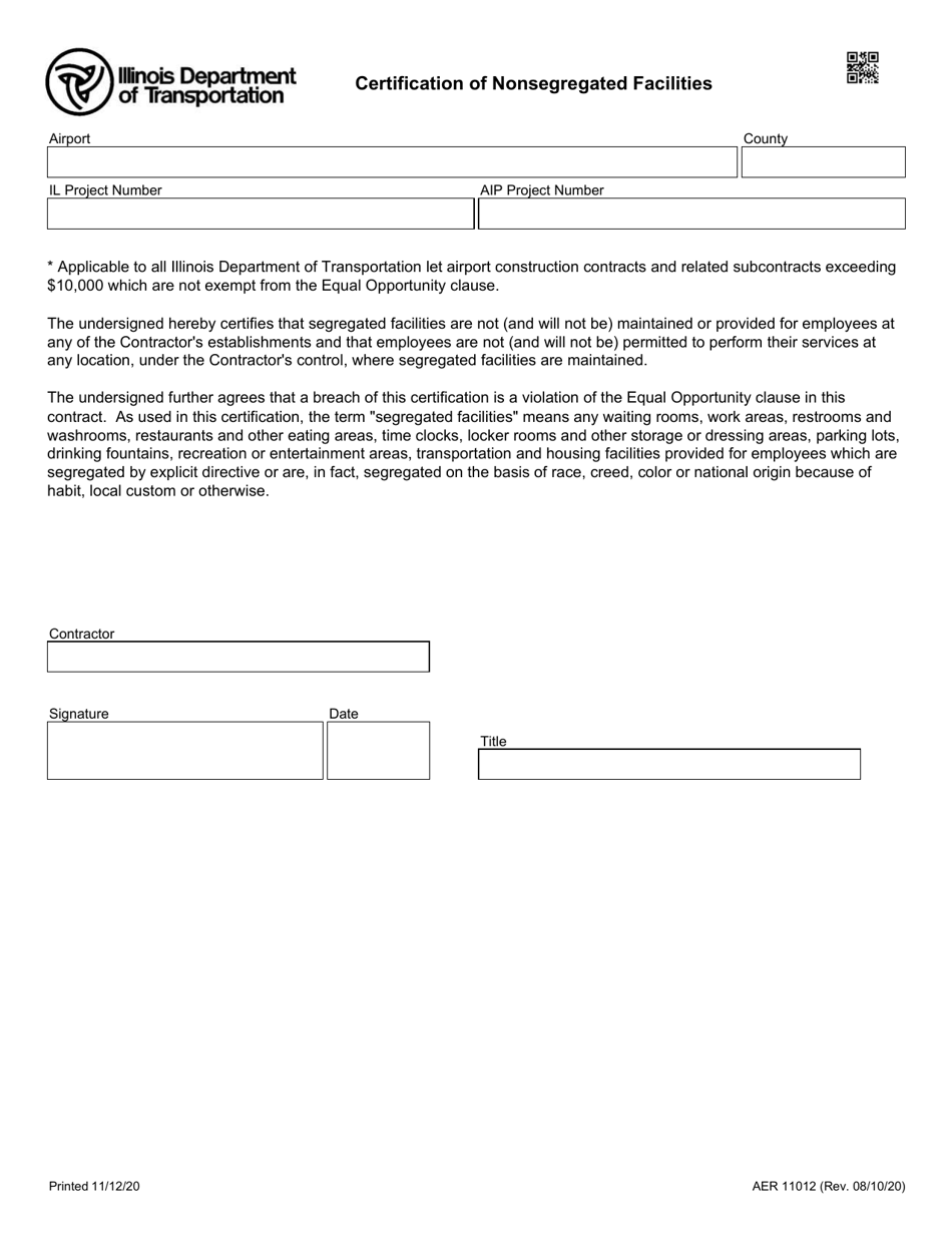 Form AER11012 Certification of Nonsegregated Facilities - Illinois, Page 1