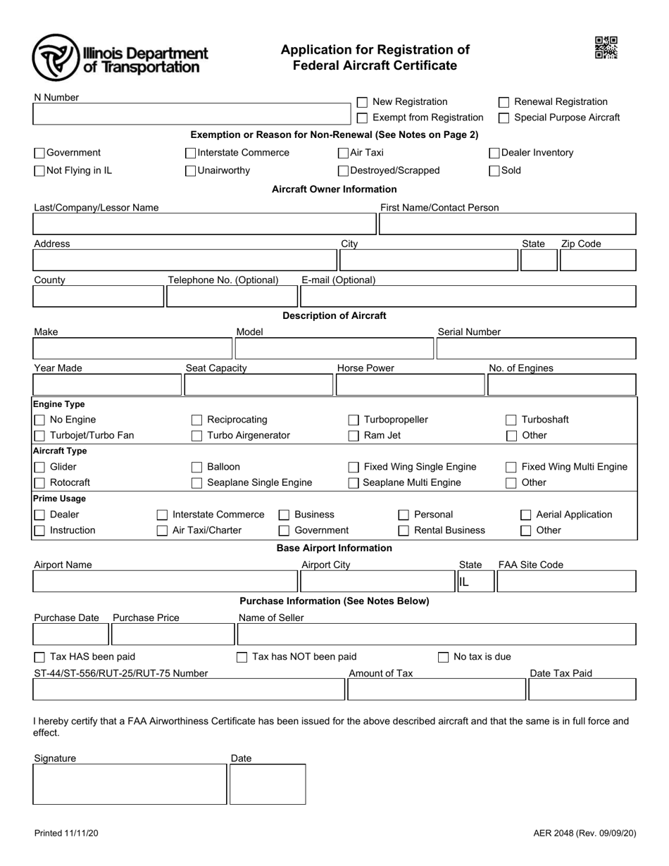 Form AER2048 Application for Registration of Federal Aircraft Certificate - Illinois, Page 1