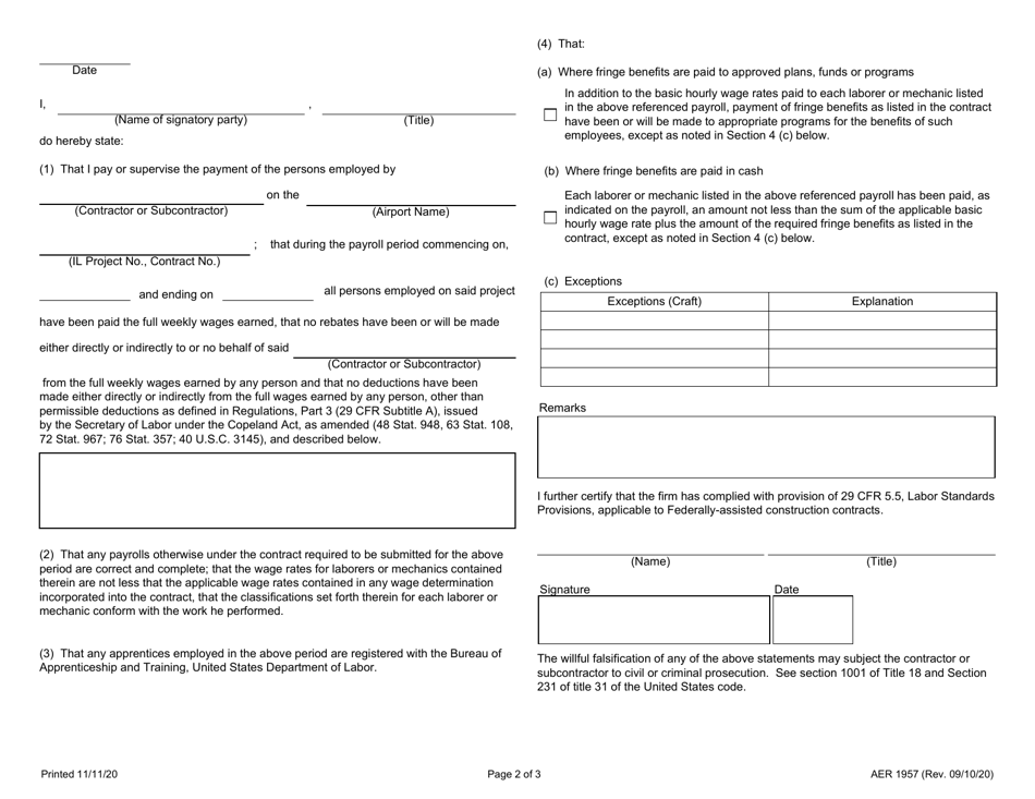 Form AER1957 Weekly Statement of Compliance and Certified Transcript of Payroll - Illinois, Page 2