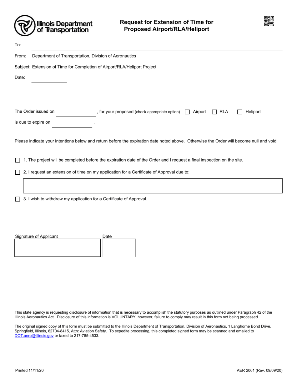 Form AER2061 Request for Extension of Time for Proposed Airport / Rla / Heliport - Illinois, Page 1