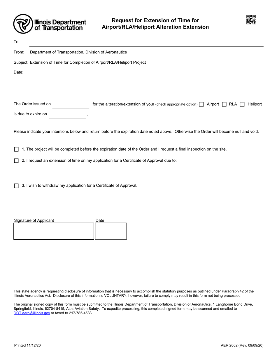 Form AER2062 Request for Extension of Time for Airport / Rla / Heliport Alteration / Extension - Illinois, Page 1