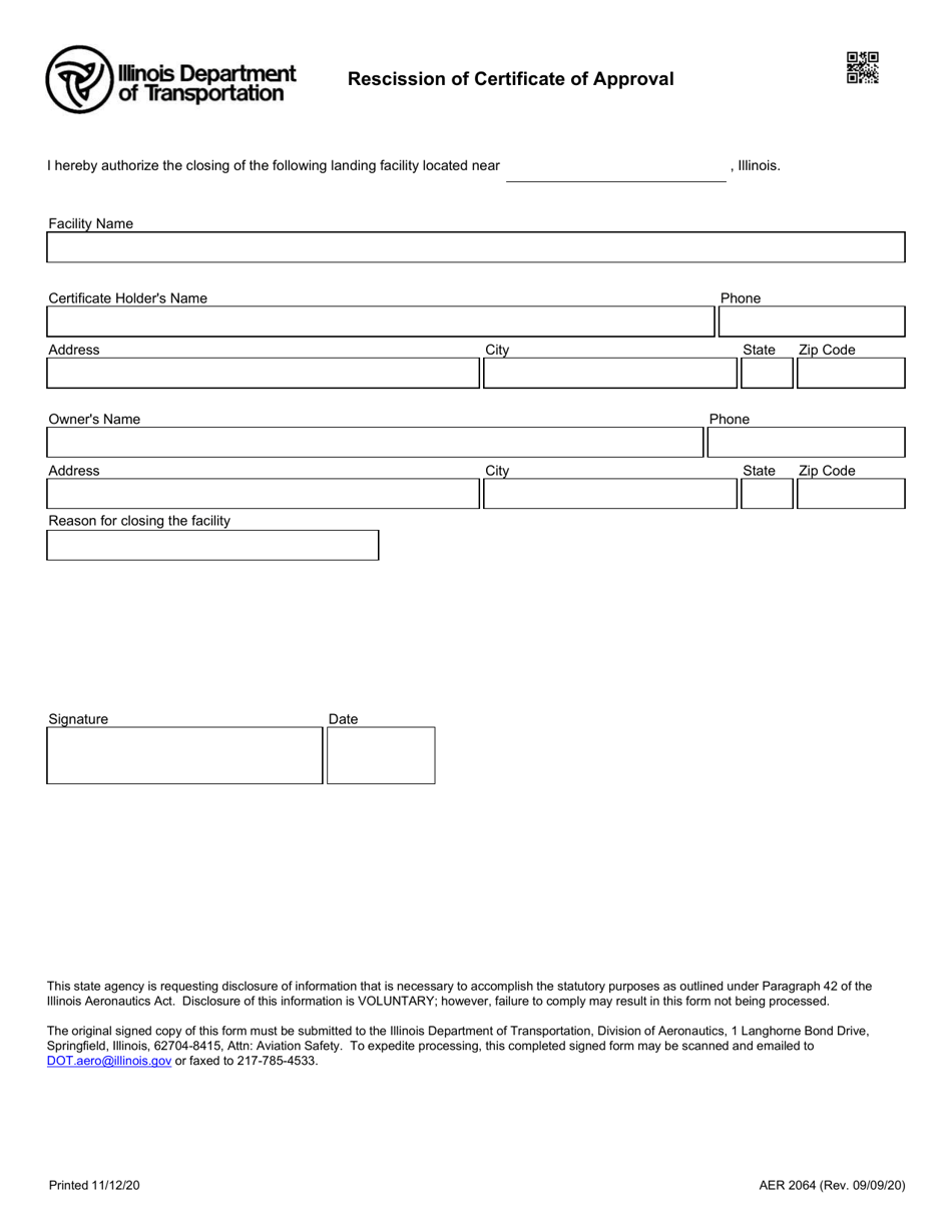 Form AER2064 Rescission of Certificate of Approval - Illinois, Page 1