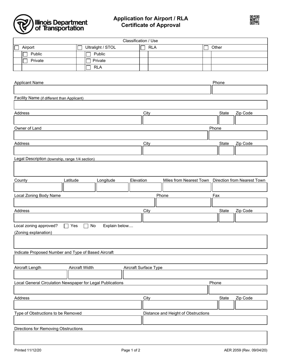 Form AER2059 Application for Airport / Rla Certificate of Approval - Illinois, Page 1