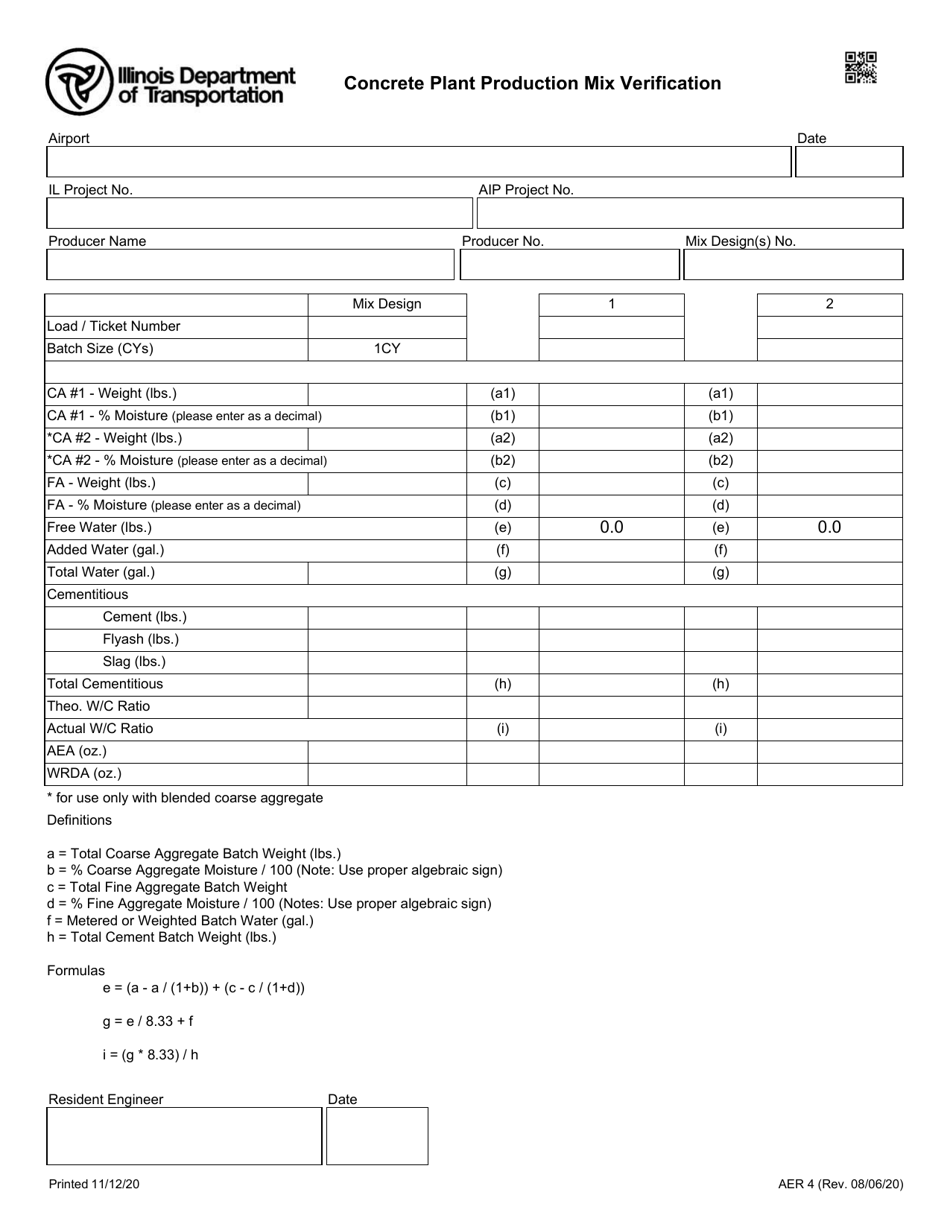 Form AER4 Concrete Plant Production Mix Verification - Illinois, Page 1