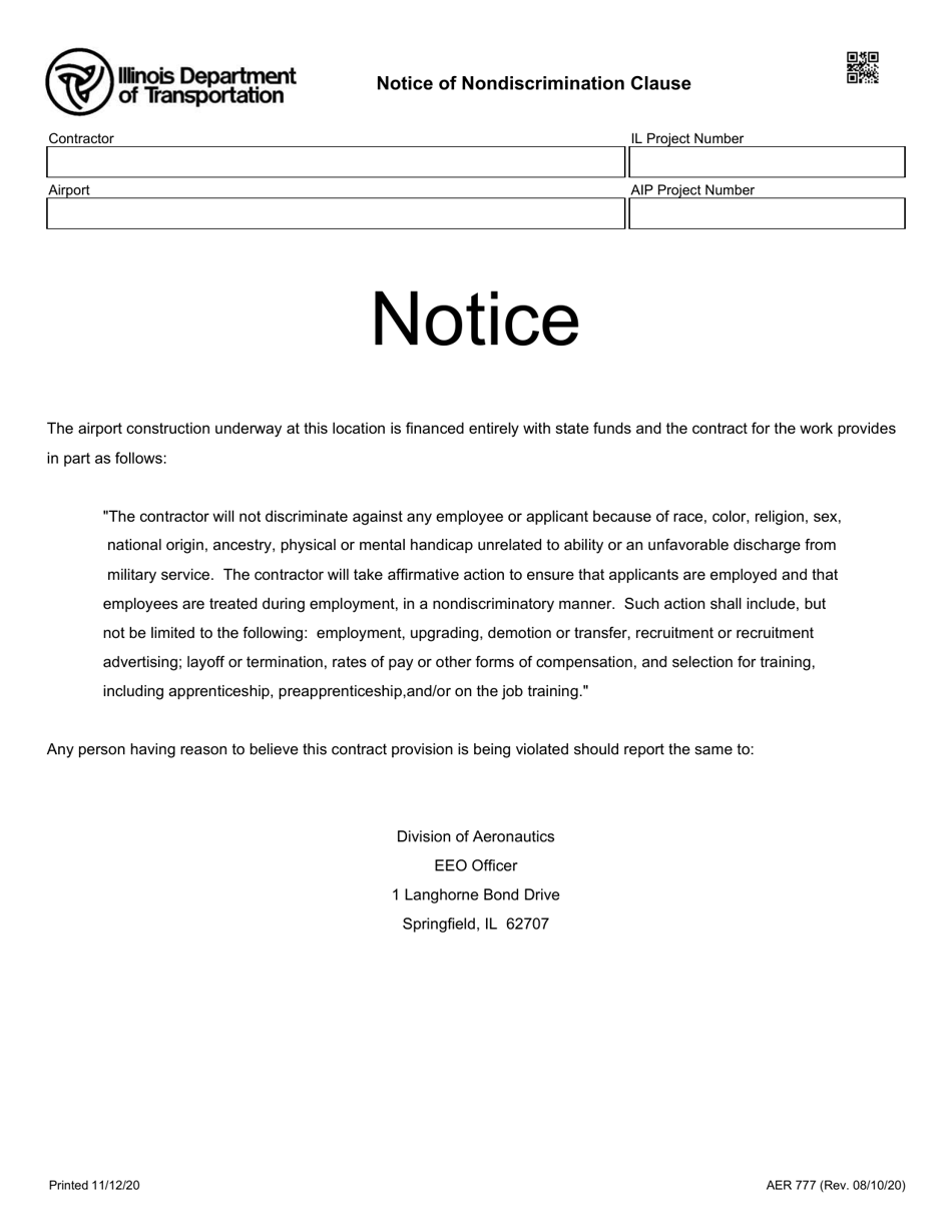 Form AER777 Notice of Nondiscrimination Clause - Illinois, Page 1