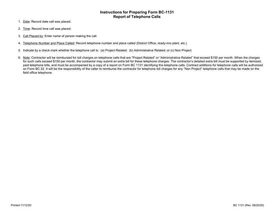 Form BC1131 Report of Telephone Calls - Illinois, Page 2