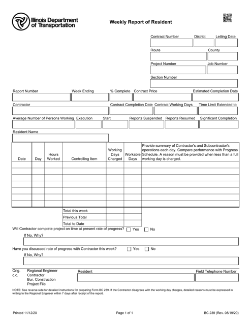 Form BC239 Weekly Report of Resident - Illinois