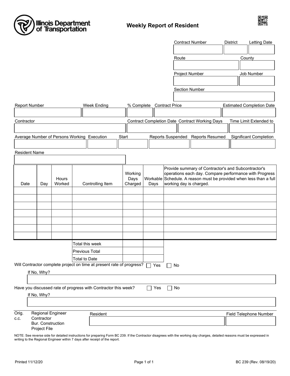 Form BC239 Weekly Report of Resident - Illinois, Page 1