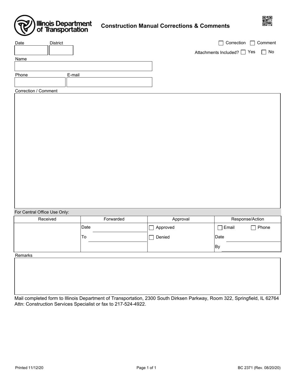 Form BC2371 Construction Manual Corrections and Comments - Illinois, Page 1