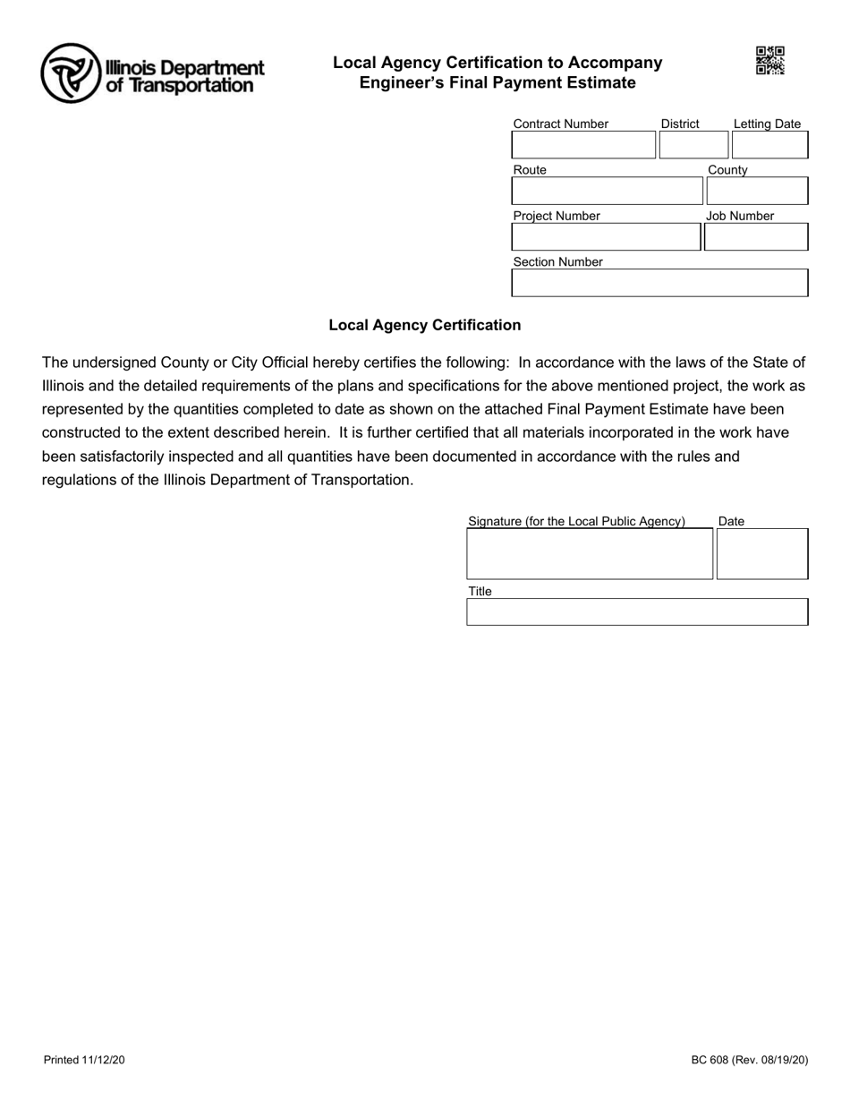 Form BC608 Local Agency Certification to Accompany Engineers Final Payment Estimate - Illinois, Page 1