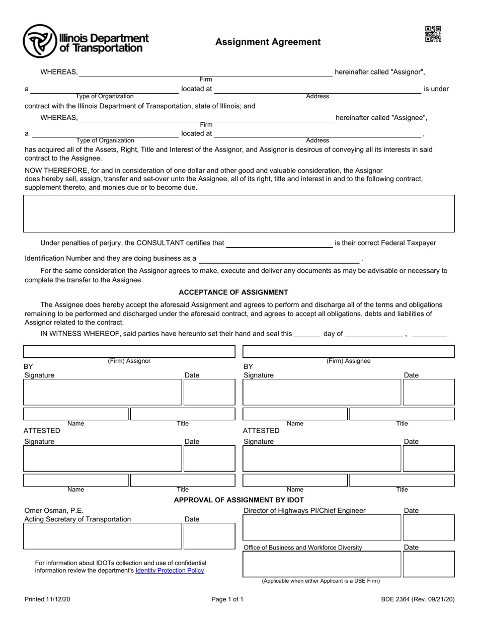 Form BDE2364 Assignment Agreement - Illinois, Page 1