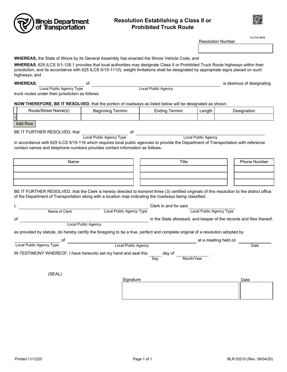 Form BLR03210 Resolution Establishing a Class II or Prohibited Truck Route - Illinois, Page 1