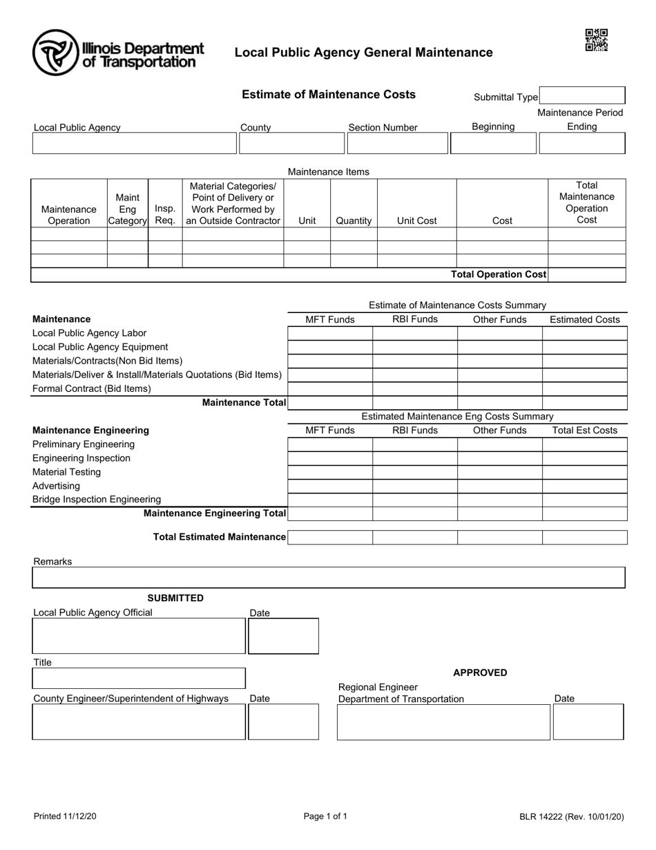 Form BLR14222 Local Public Agency General Maintenance - Estimate of Cost / Maintenance Expenditure Statement - Illinois, Page 1