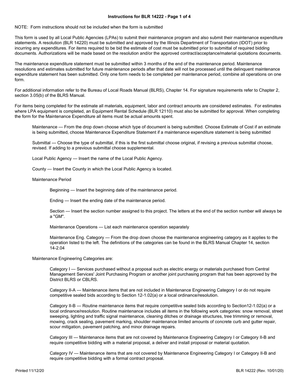 Form BLR14222 Local Public Agency General Maintenance - Estimate of Cost / Maintenance Expenditure Statement - Illinois, Page 2