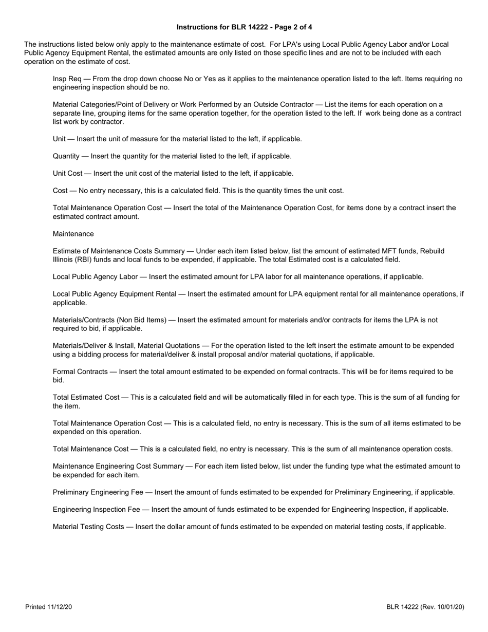 Form BLR14222 Local Public Agency General Maintenance - Estimate of Cost / Maintenance Expenditure Statement - Illinois, Page 3