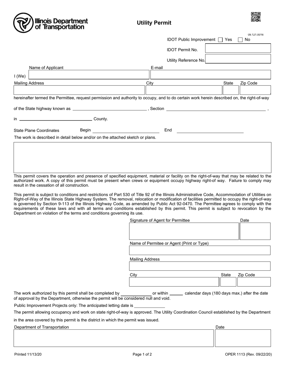 Form OPER1113 Utility Permit - Illinois, Page 1