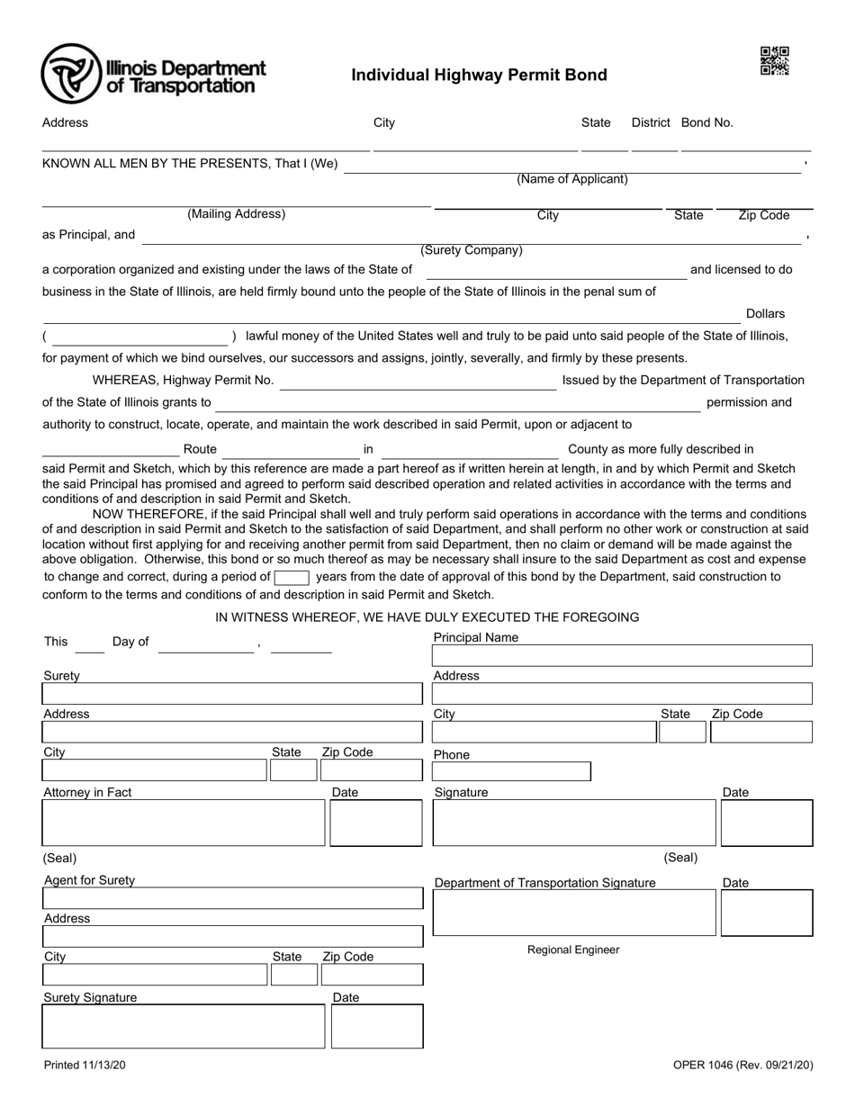 Form OPER1046 Individual Highway Permit Bond - Illinois, Page 1