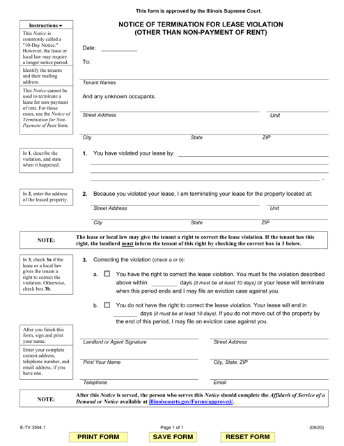 Form E-TV3504.1 Notice of Termination for Lease Violation (Other Than Non-payment of Rent) - Illinois
