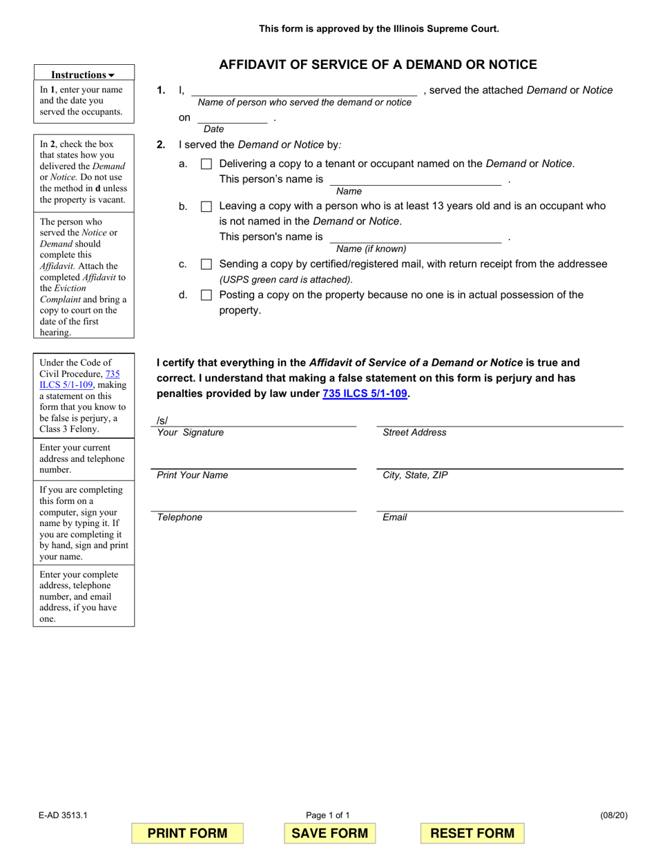Form E-AD3513.1 Affidavit of Service of a Demand or Notice - Illinois, Page 1