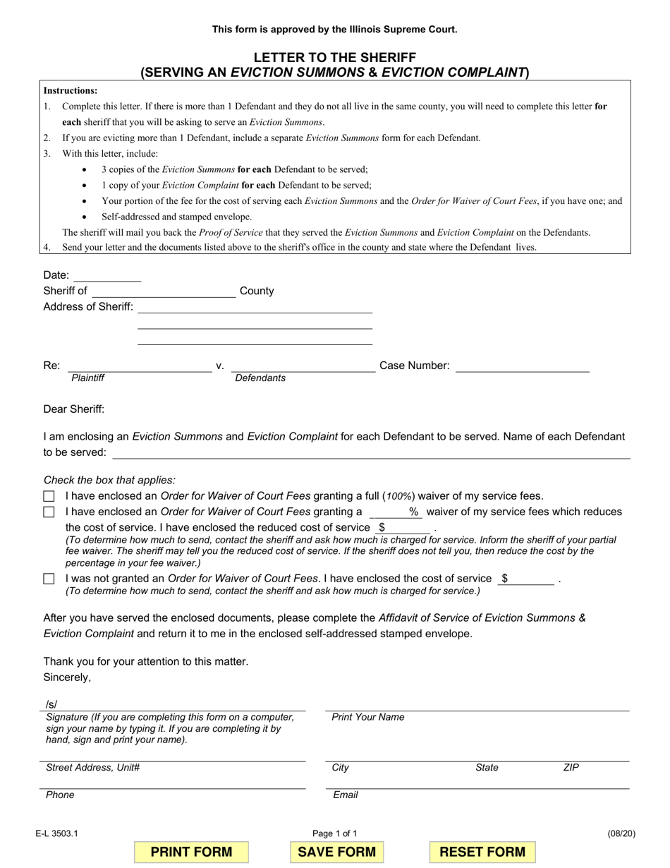 Form E-L3503.1 Letter to the Sheriff (Serving an Eviction Summons  Eviction Complaint) - Illinois, Page 1