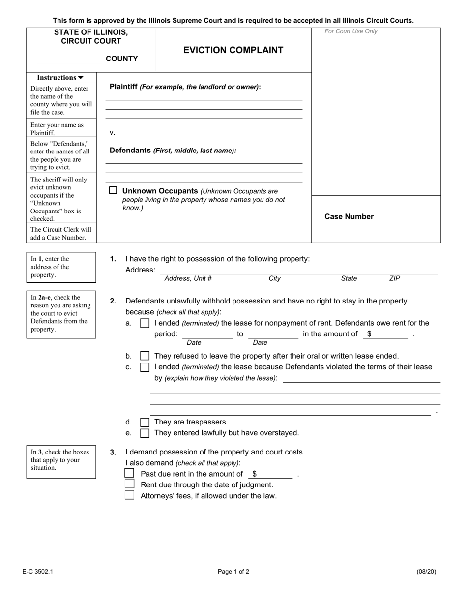 Form E-C3502.1 Eviction Complaint - Illinois, Page 1