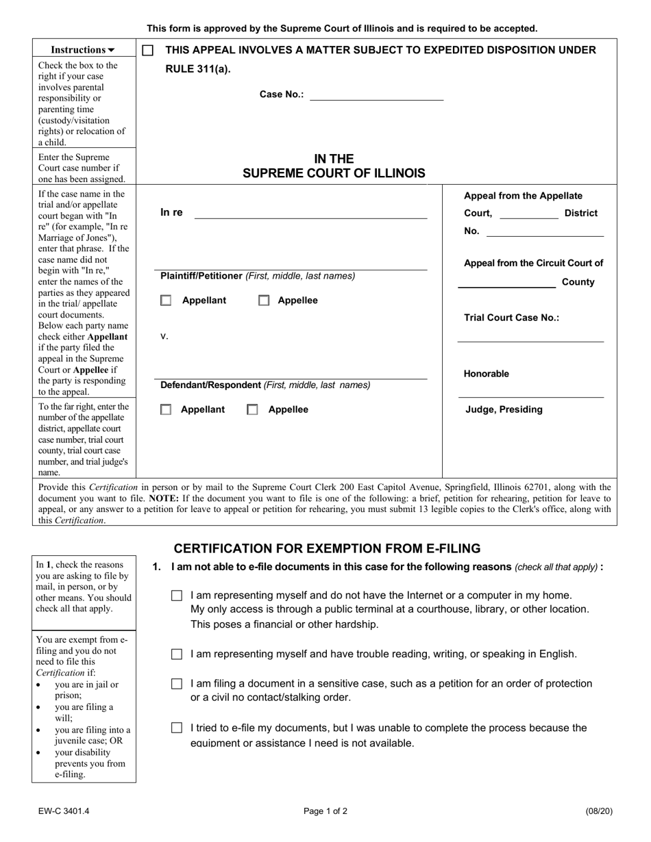 Form EW-C3401.4 Certification for Exemption From E-Filing - Illinois, Page 1