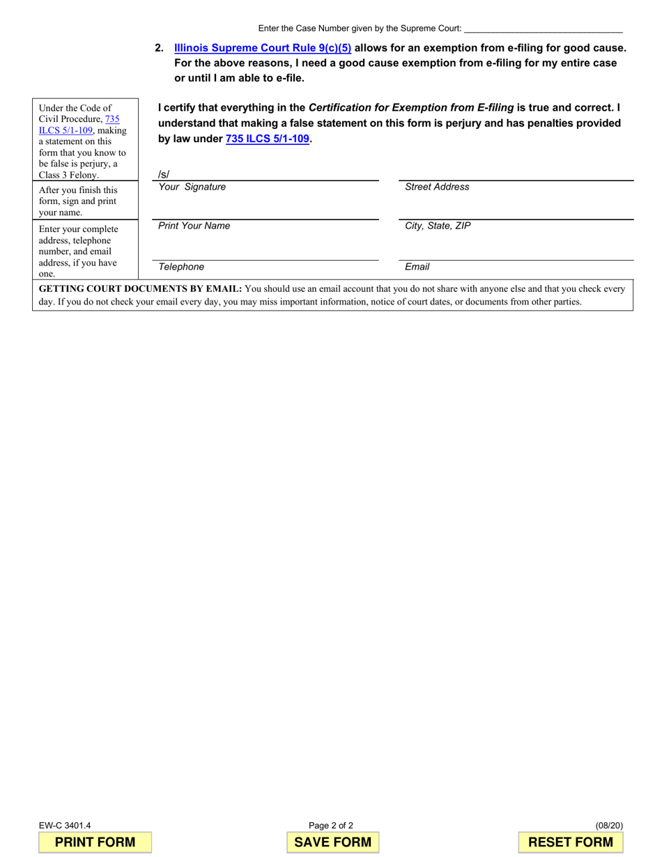 Form EW-C3401.4 Certification for Exemption From E-Filing - Illinois, Page 2