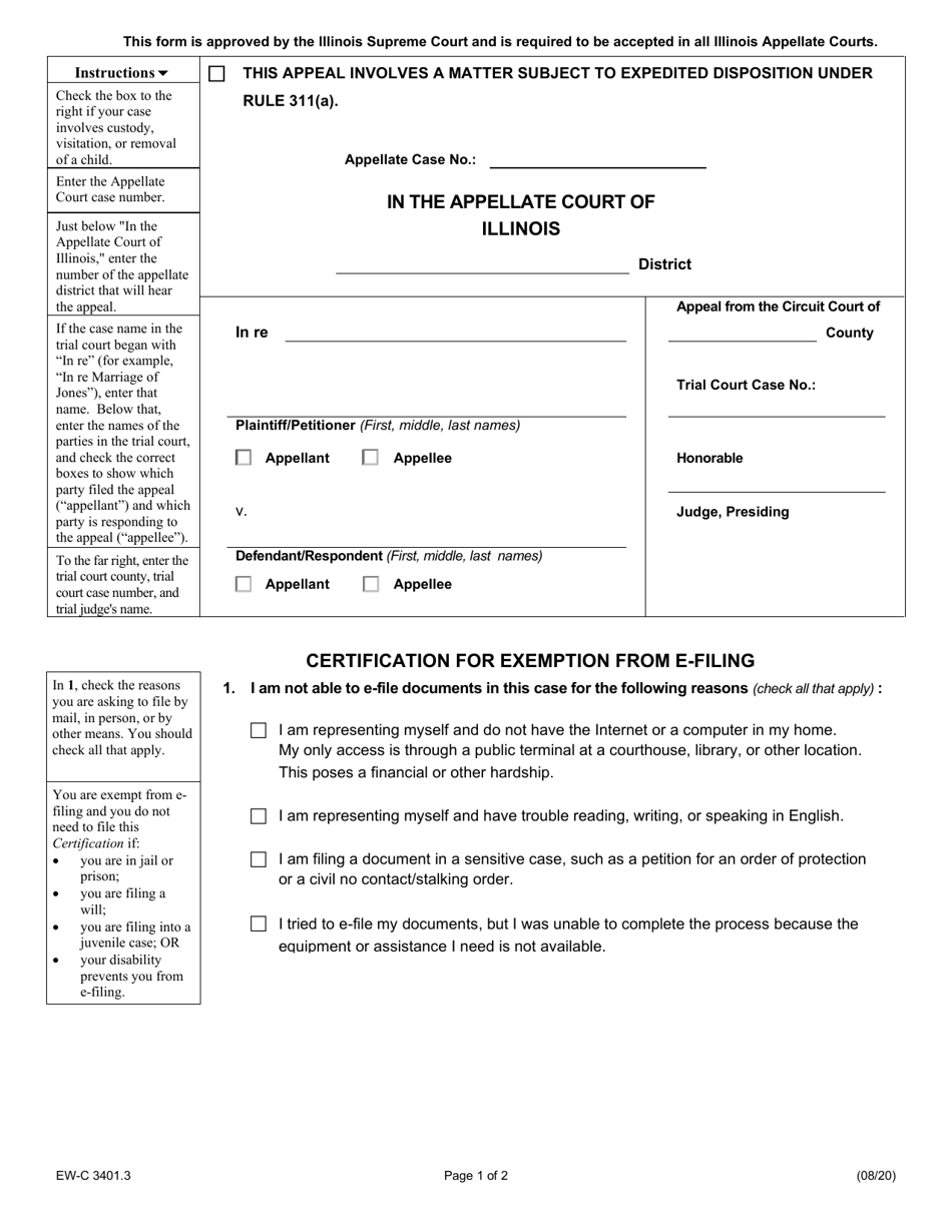 Form EW-C3401.3 Certification for Exemption From E-Filing - Illinois, Page 1