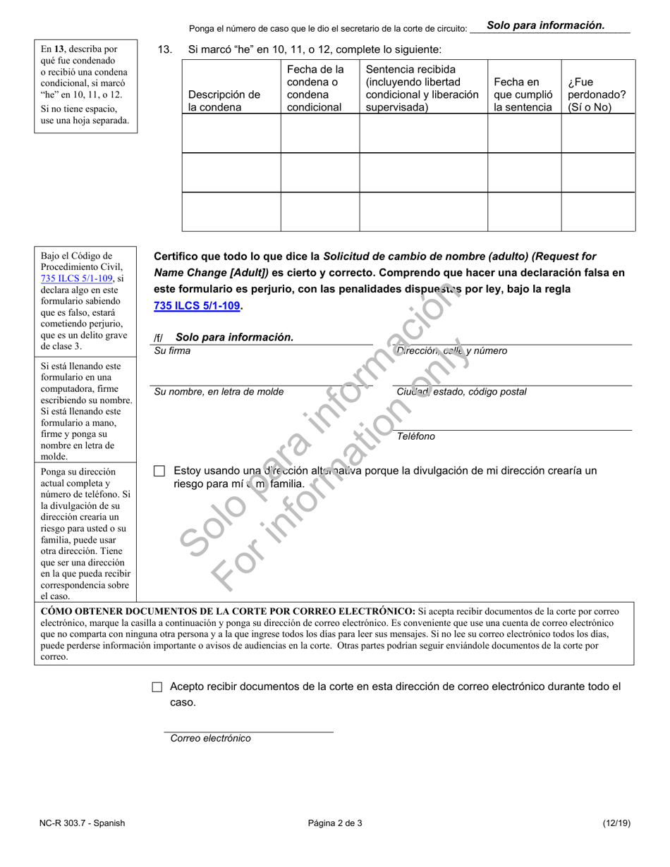 Formulario NC-R303.7 Solicitud De Cambio De Nombre (Adulto) - Illinois (Spanish), Page 2