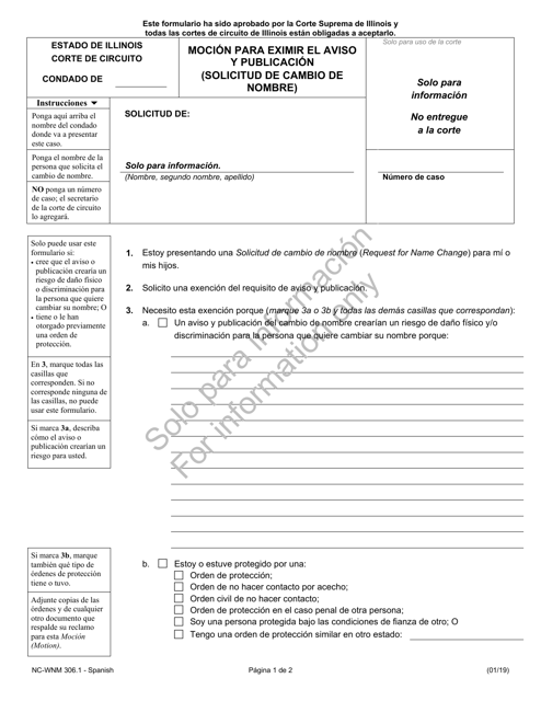 Formulario NC-WNM306.1 Mocion Para Eximir El Aviso Y Publicacion (Solicitud De Cambio De Nombre) - Illinois (Spanish)