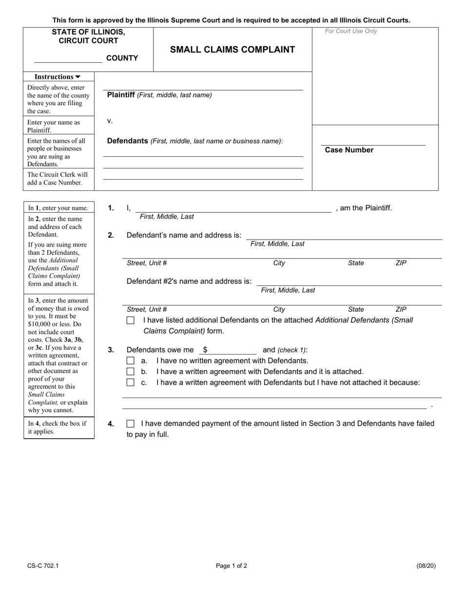 Form CS-C702.1 Small Claims Complaint - Illinois, Page 1