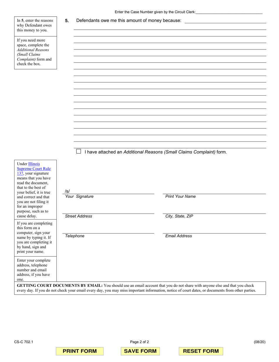 Form CS-C702.1 Small Claims Complaint - Illinois, Page 2
