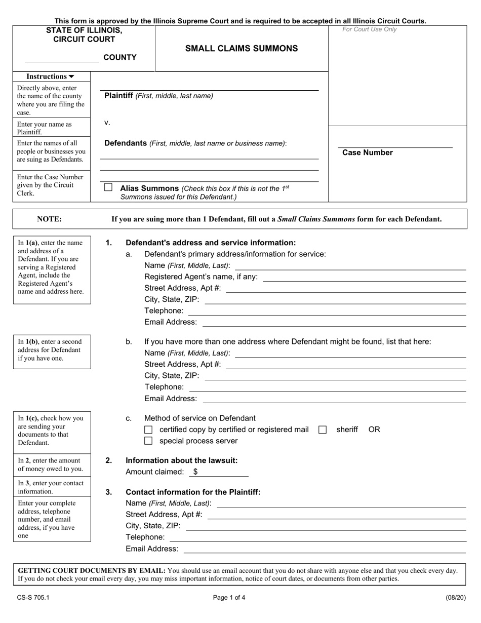Form CS-S705.1 Small Claims Summons - Illinois, Page 1